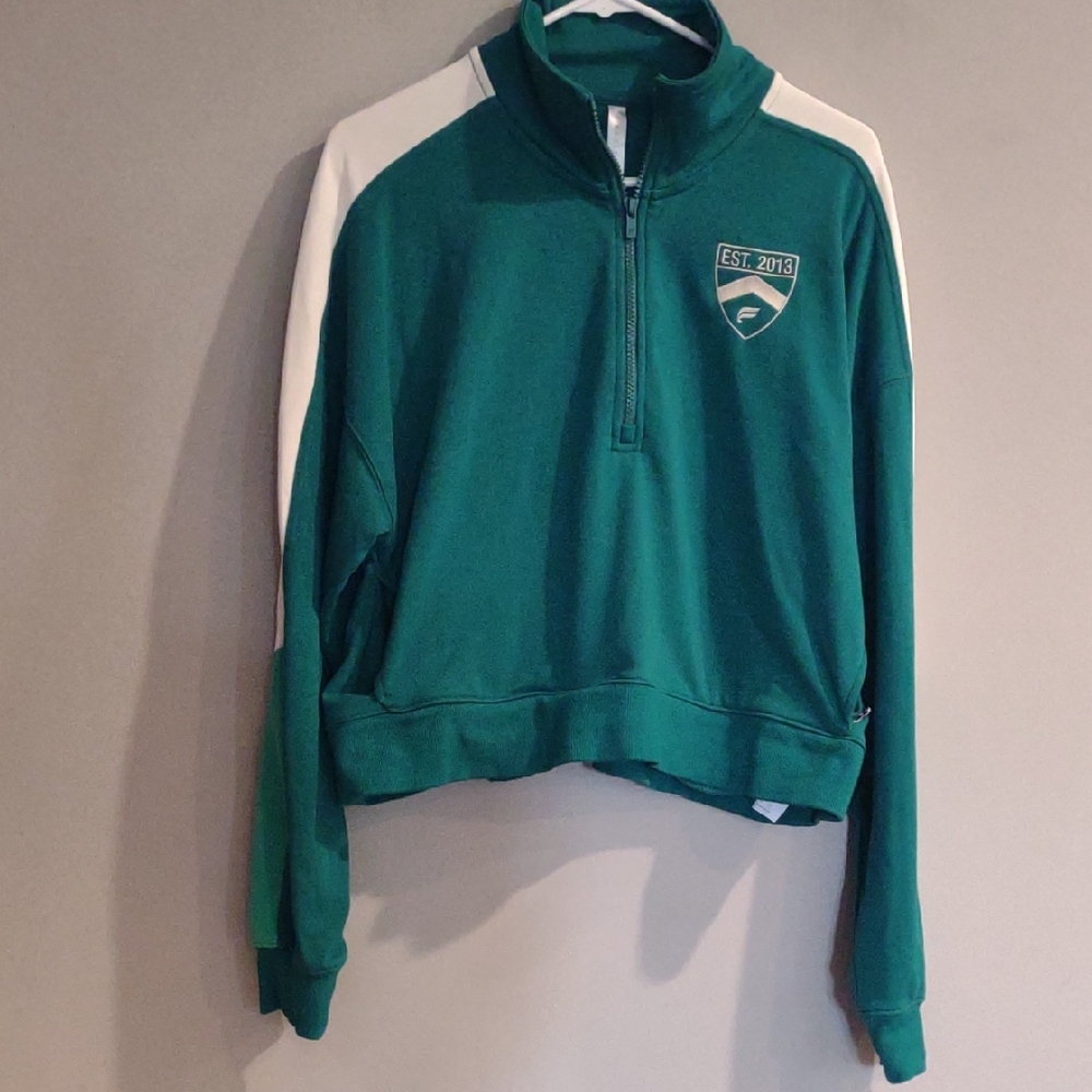 Fabletics Women's Large Green /White Quarter-Zip Crop Top